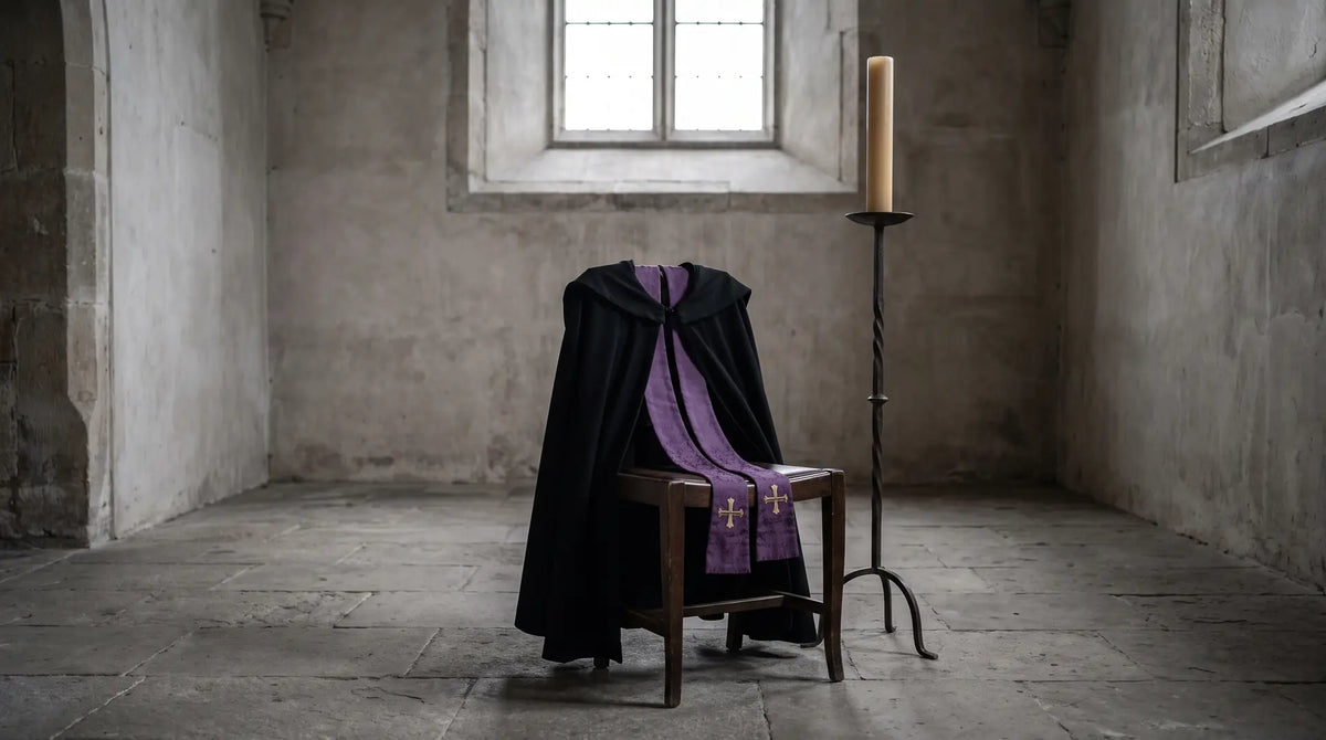 A black cope folded over a chair with a violet stole across it in an empty church