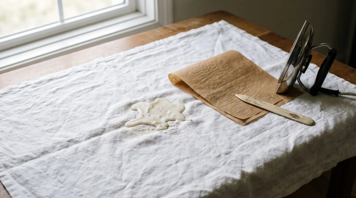 Hardened candle wax set into a white linen altar cloth with blotting paper, a bone folder and a small iron beside it