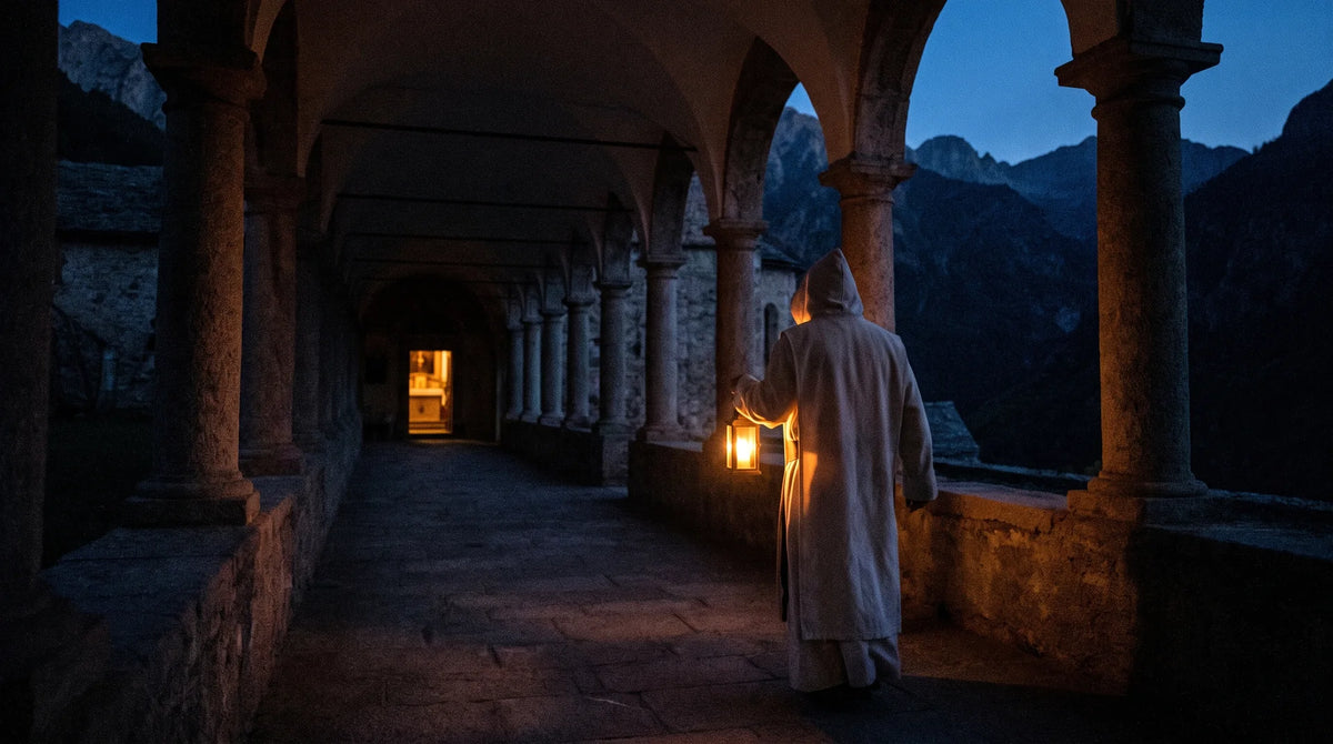 Monk in a full-length white wool habit with the hood raised, seen from behind carrying a lantern along a mountain cloister at night