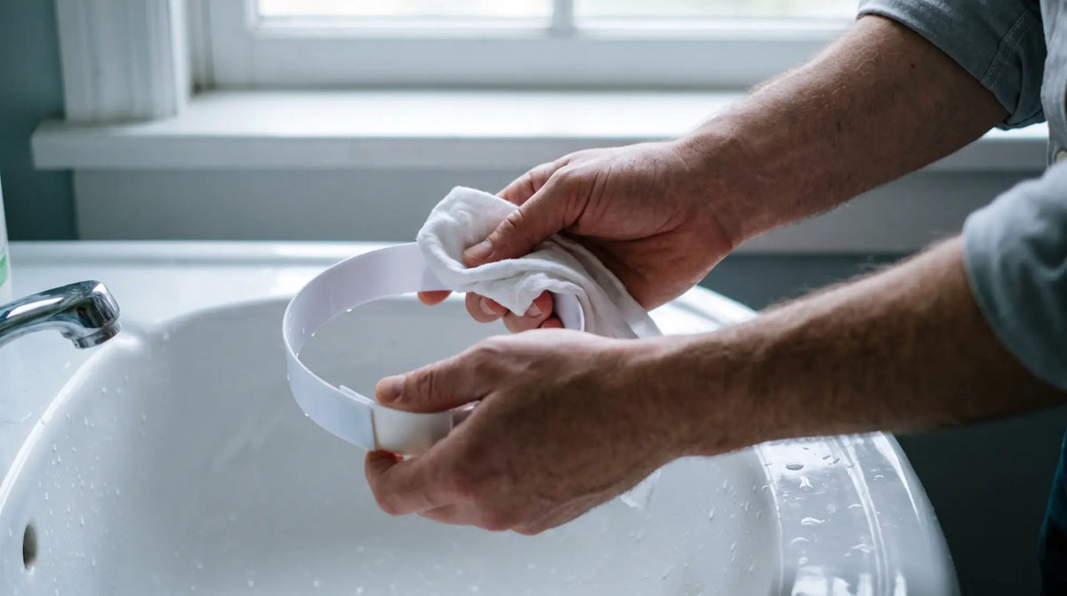 Hands wiping a white plastic clergy collar clean with a soft cloth over a porcelain sink