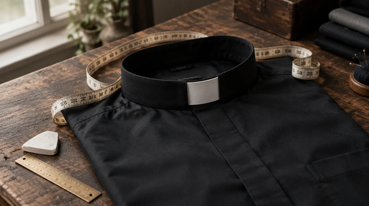 A black tab-collar clergy shirt laid flat on a tailor's table with a cloth tape measure curled around the collar band