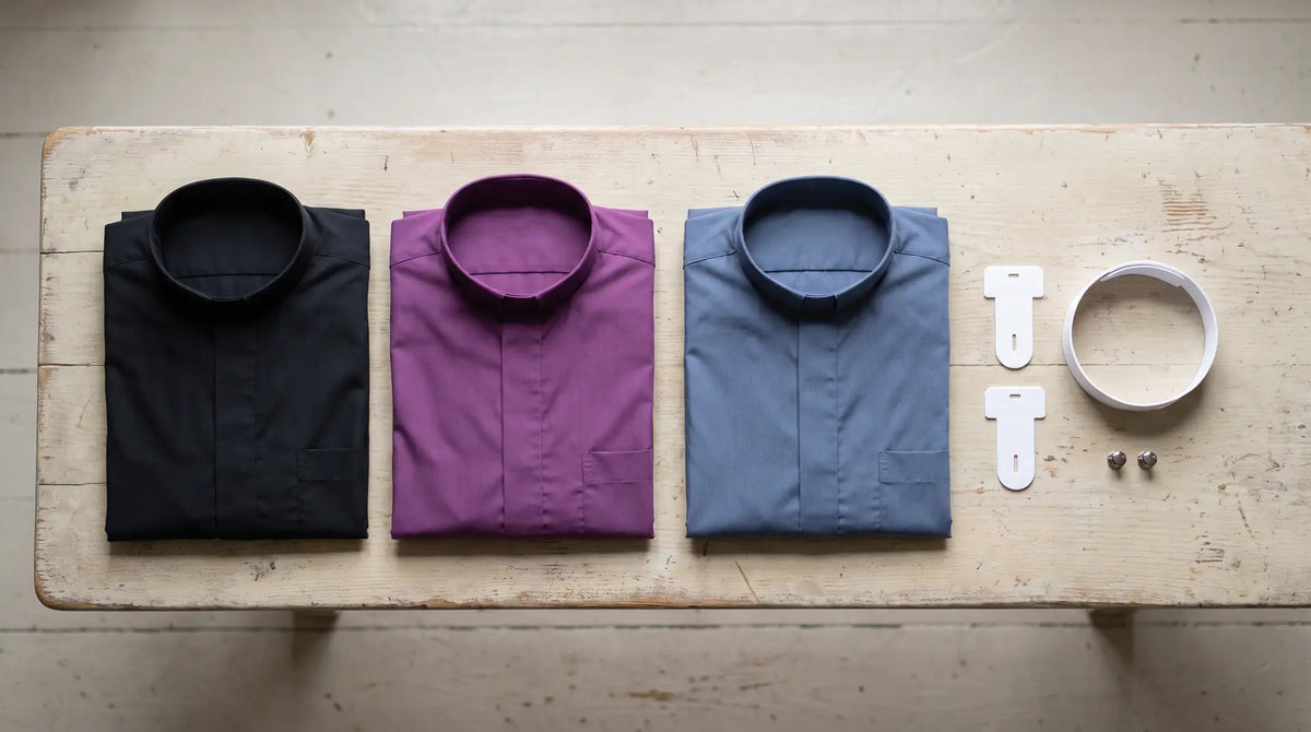Folded black, purple and slate blue clergy shirts beside plastic tab inserts, a band collar and collar studs
