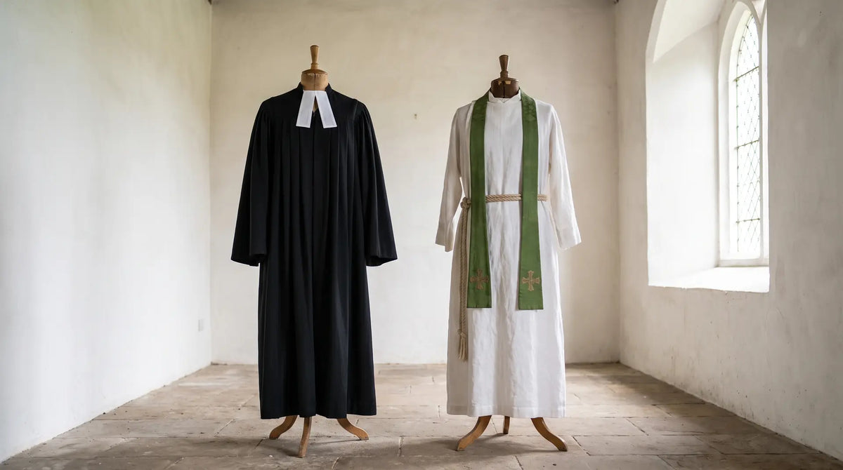 A black Geneva gown with preaching bands beside a white alb with cincture and green stole