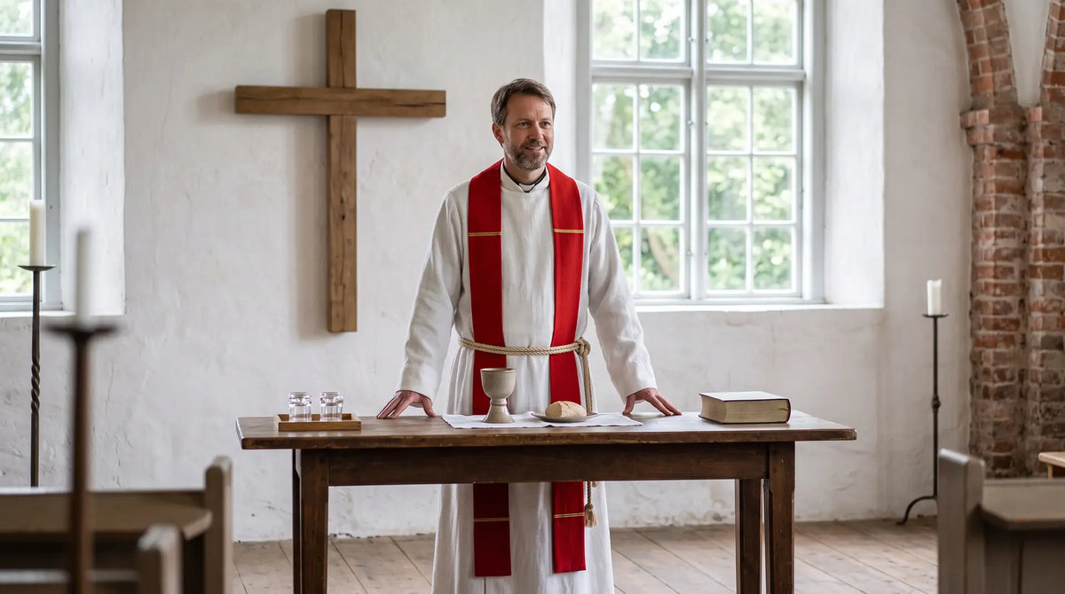 A Lutheran pastor in a white alb, cincture and red stole at a plain wooden communion table