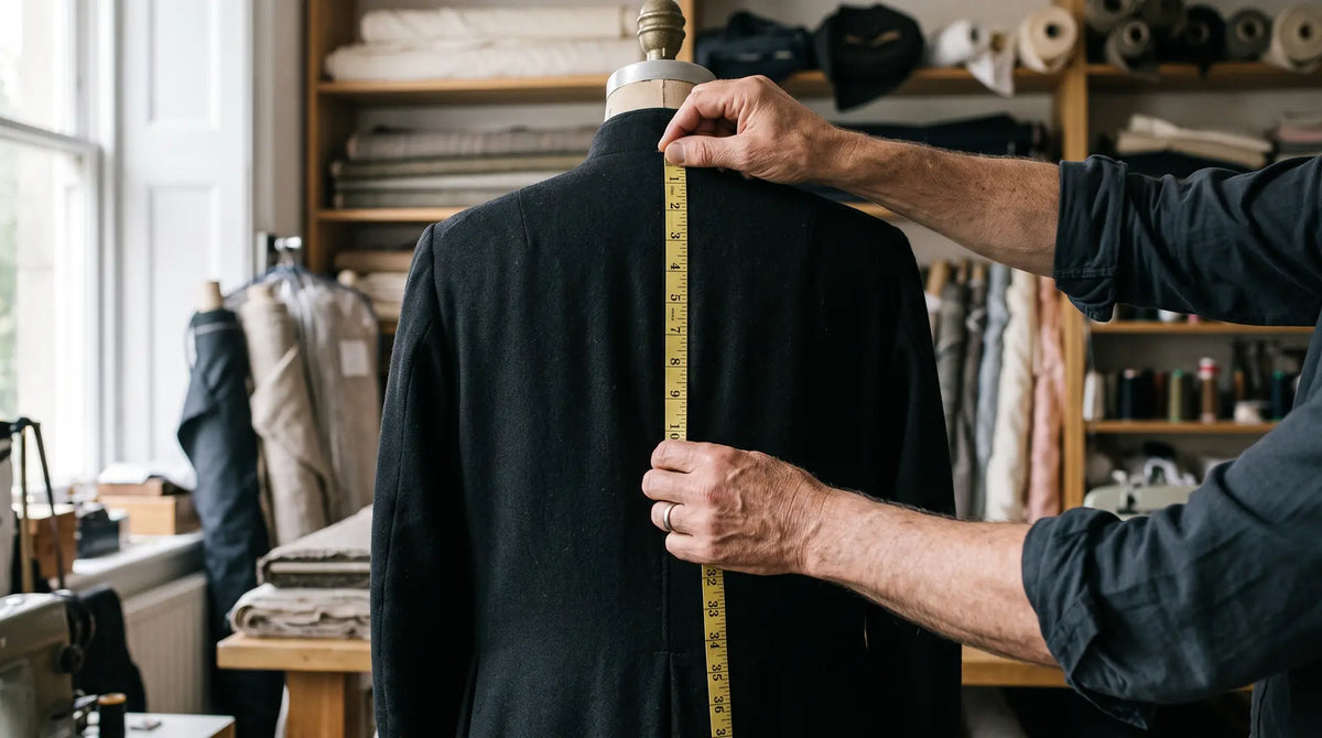 A tailor measuring the centre back length of a black cassock on a dress form from collar to hem