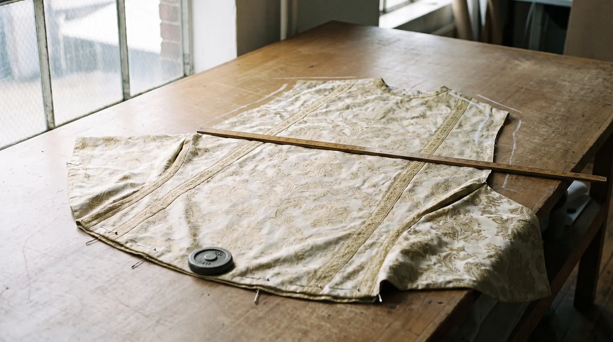 An ivory and gold chasuble laid flat on a cutting table with a metre rule across its width and chalk marks at the shoulder