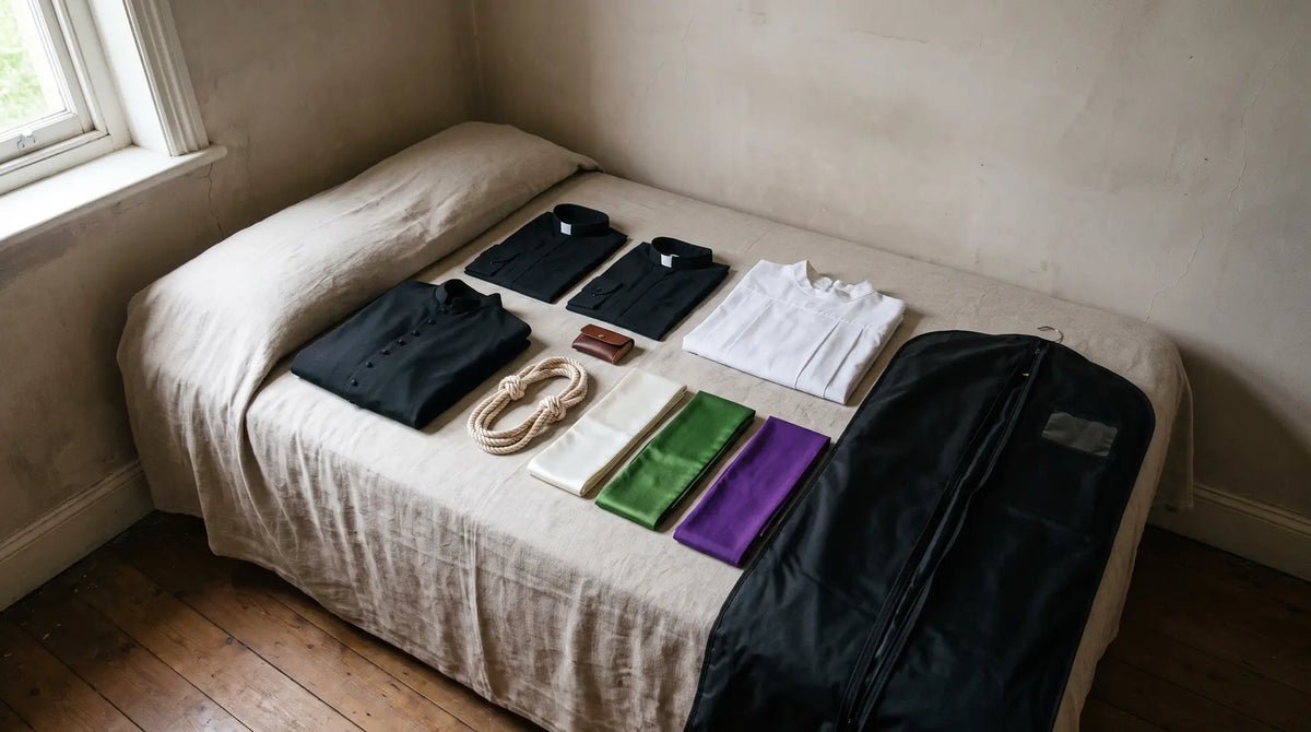 A newly ordained priest's starter kit laid out: cassock, clergy shirts, alb, cincture and stoles
