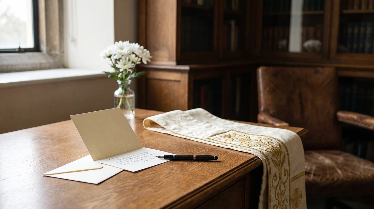 Open cream card with handwriting, an envelope and a fountain pen on an oak desk beside the folded end of an ivory clergy stole with gold embroidery