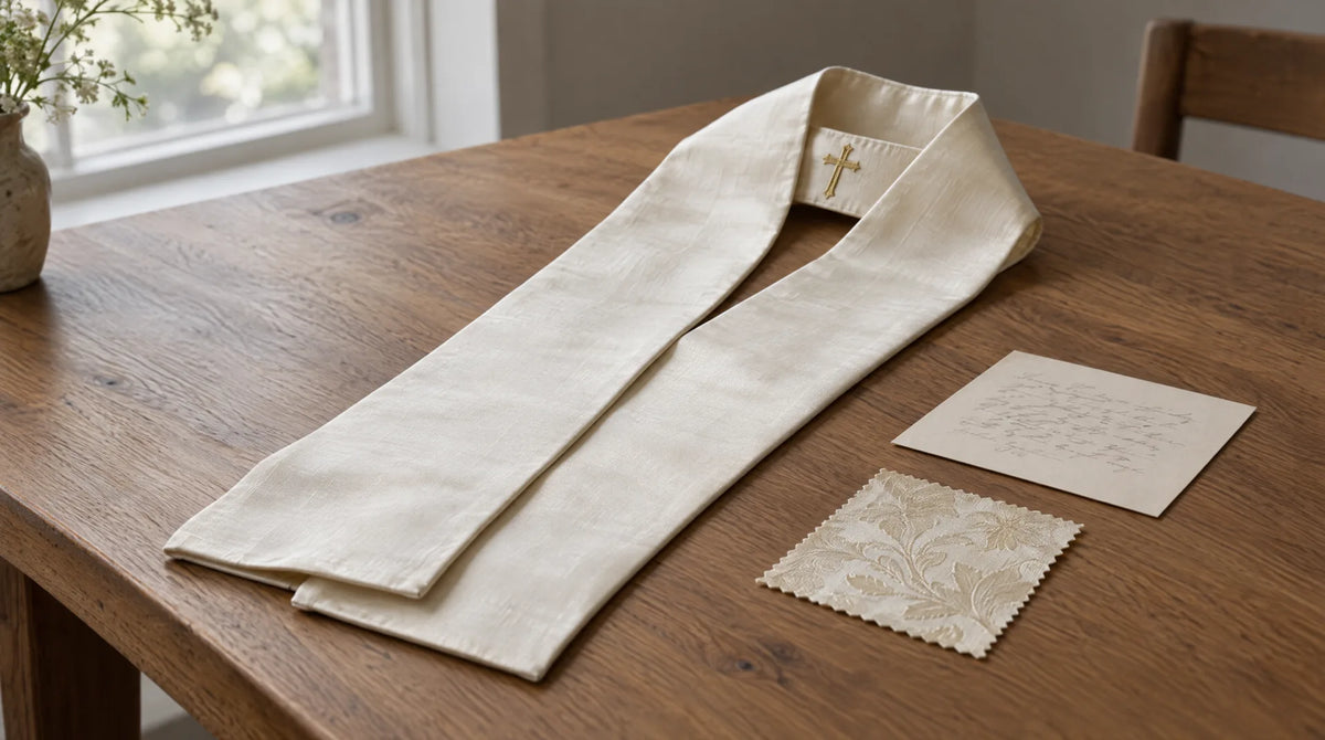 Folded ivory clergy stole on a wooden table beside a handwritten card and a brocade swatch