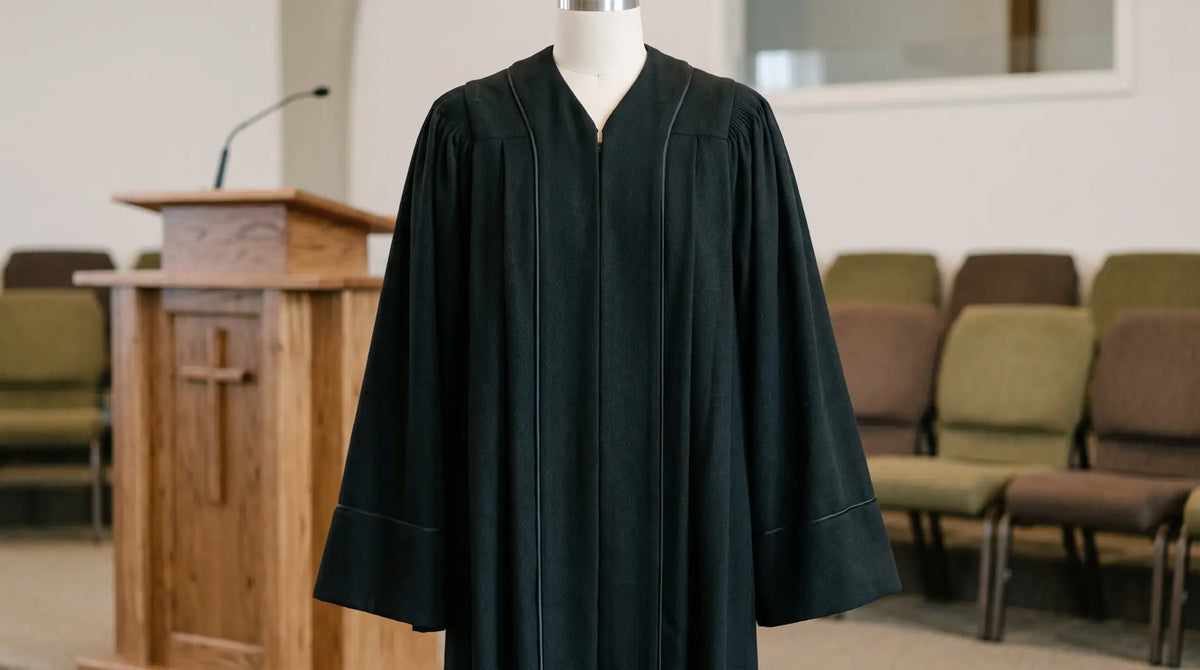 A full black pulpit robe with bell sleeves and satin piping on a dress form in a church