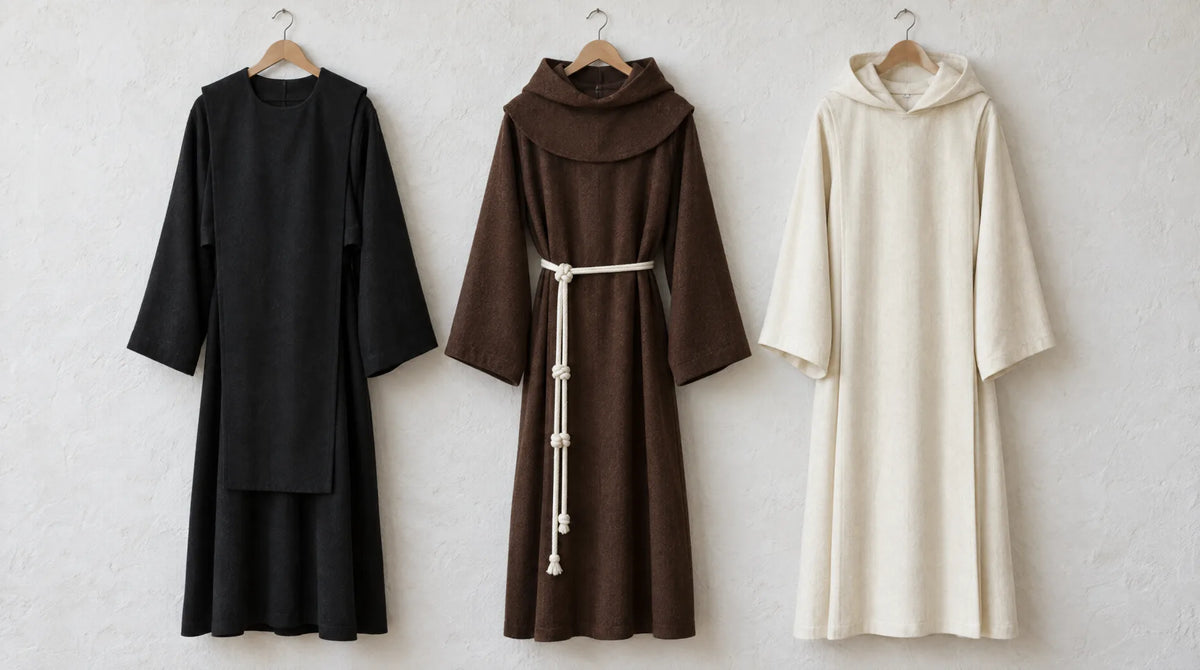 Black, brown and ivory monastic habits hanging side by side on wooden hangers against a white wall