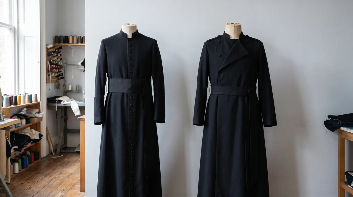 A single-breasted Roman cassock with fascia beside a double-breasted Anglican cassock on tailors dress forms