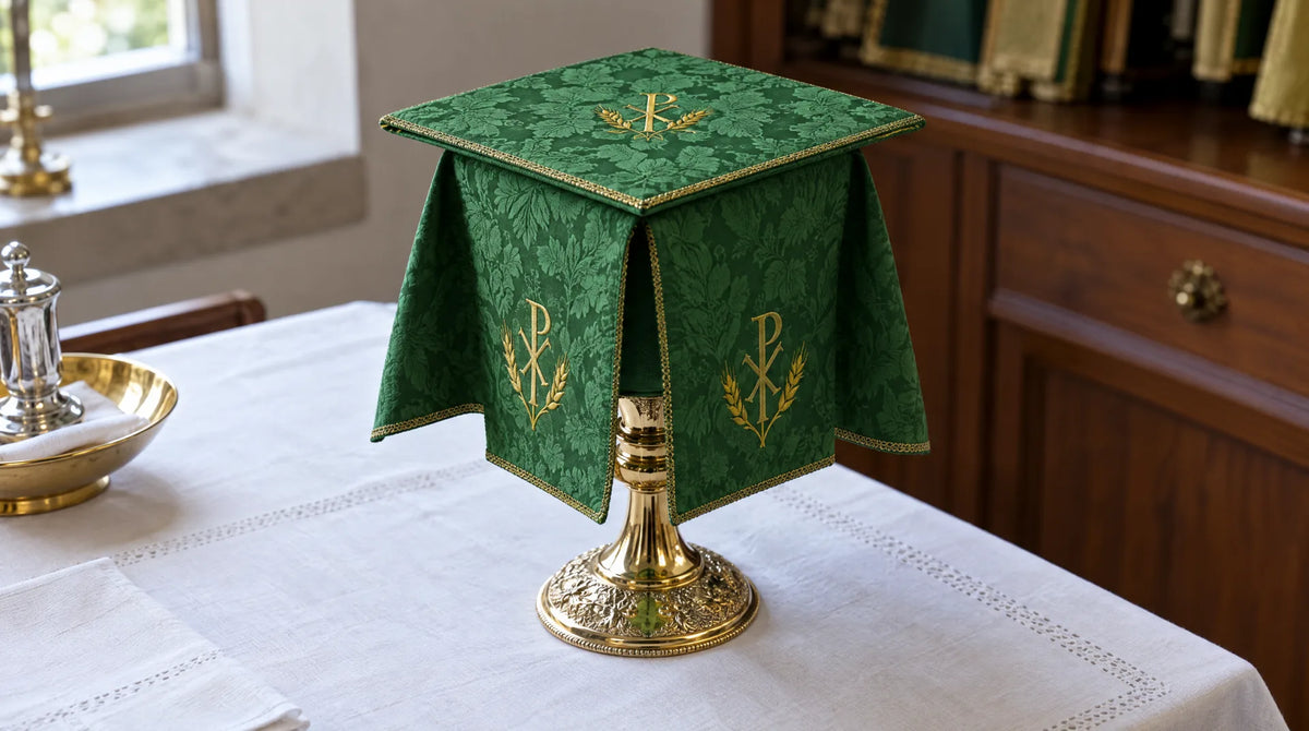 Chalice on a white linen credence table covered with a green damask veil, with a matching green burse laid on top