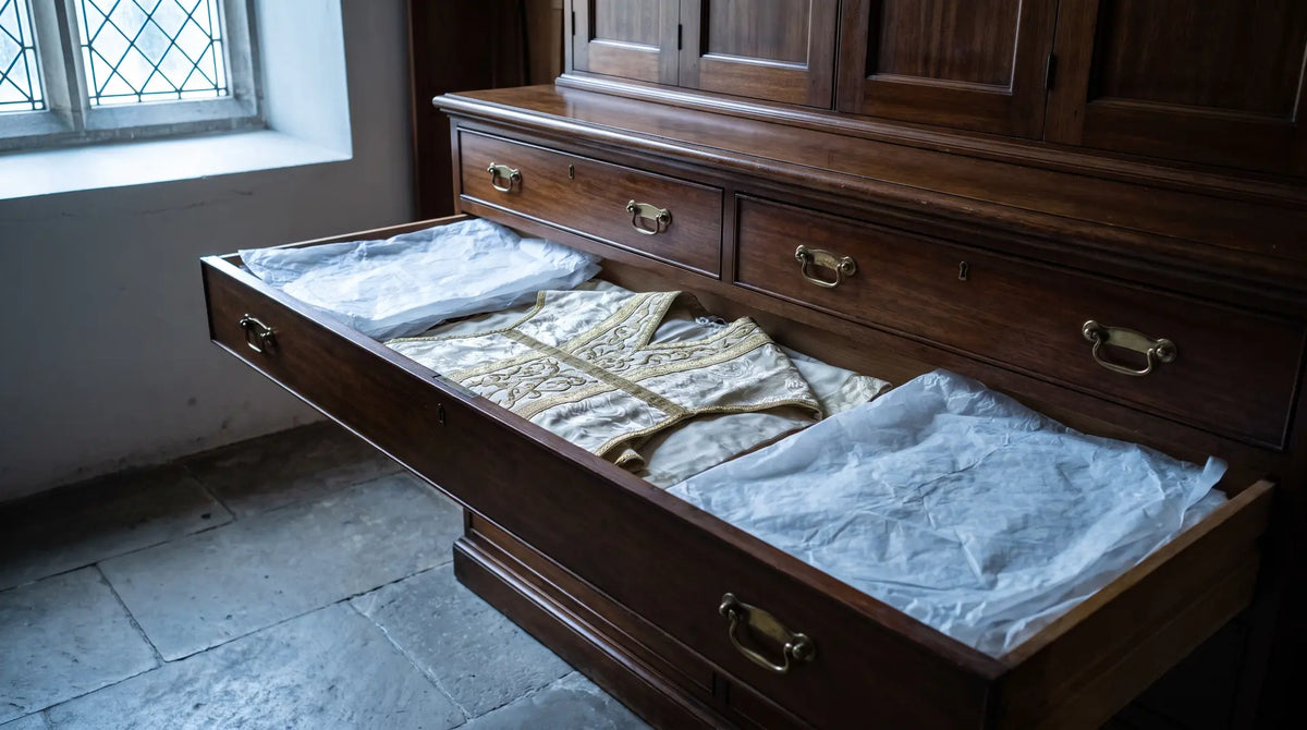 A sacristy vestment chest with one drawer open and a chasuble lying flat between sheets of acid-free tissue