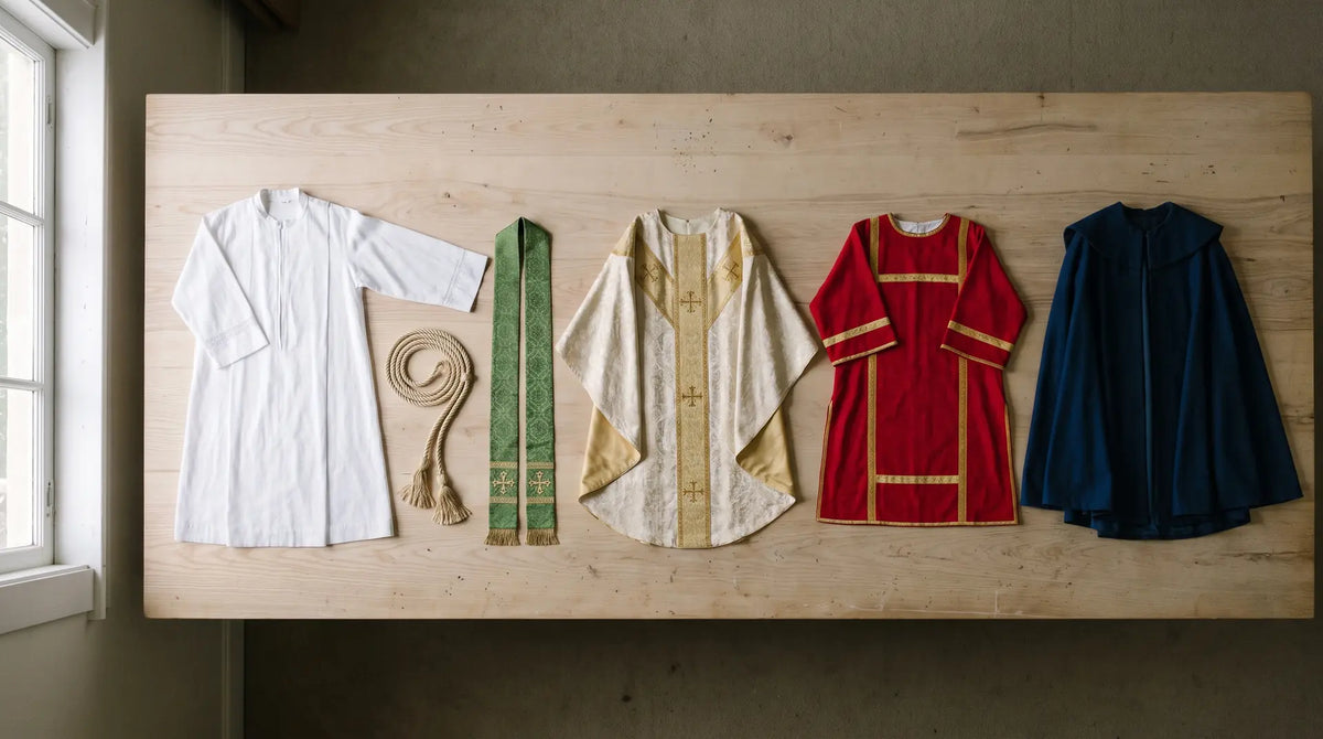 An alb, cincture, green stole, ivory and gold chasuble, red dalmatic and blue cope laid out side by side on a workroom table