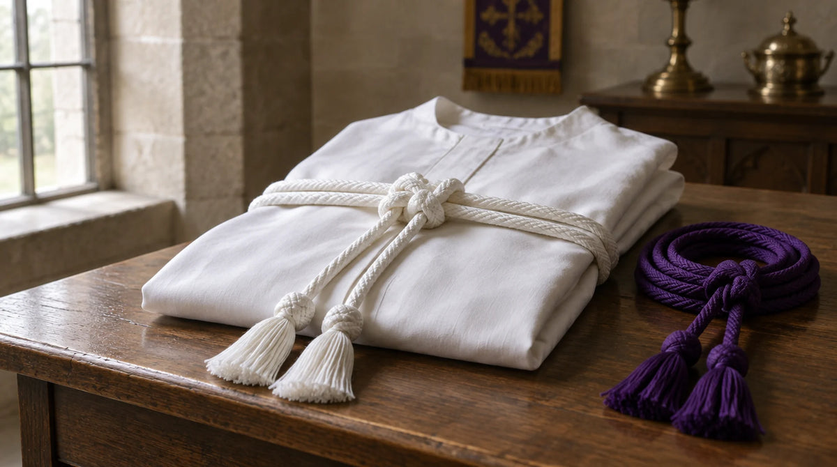 A white rope cincture with tasselled ends tied across a folded white alb on an oak vesting table, with a violet cincture coiled beside it