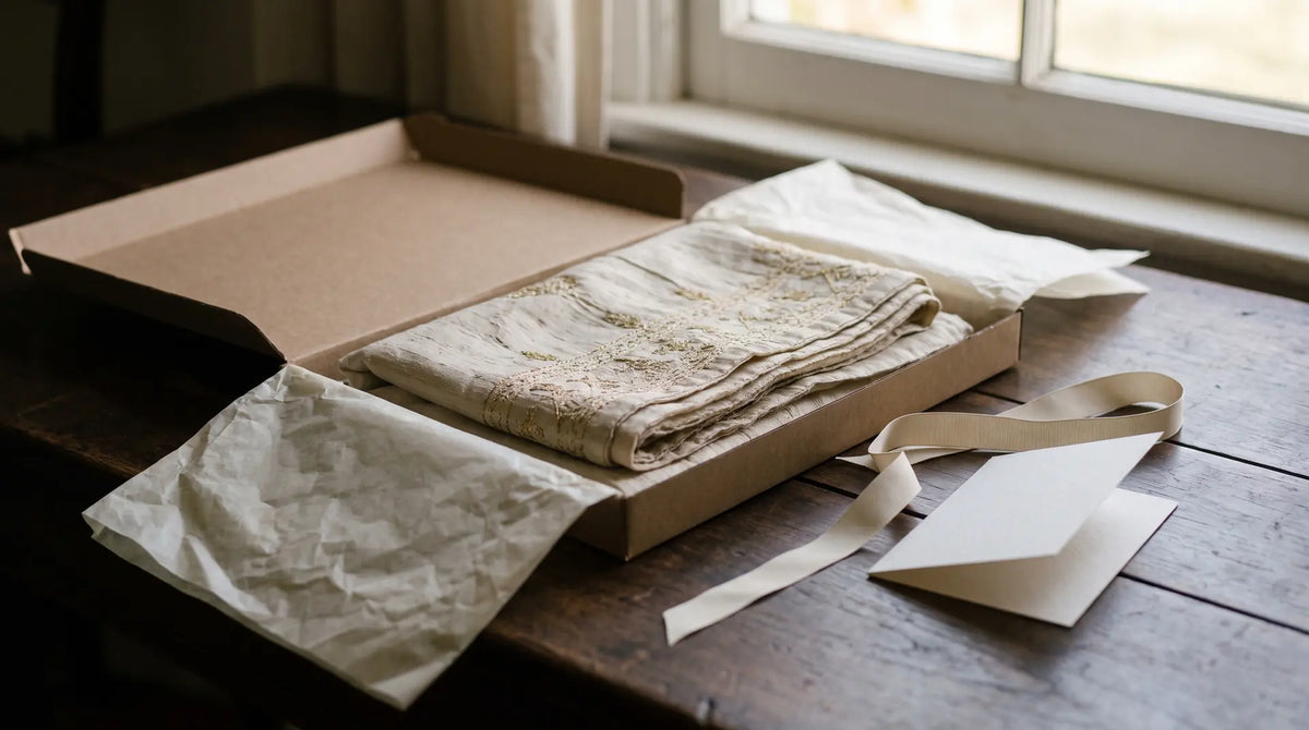 A folded white and gold stole in an open gift box lined with tissue paper and ribbon