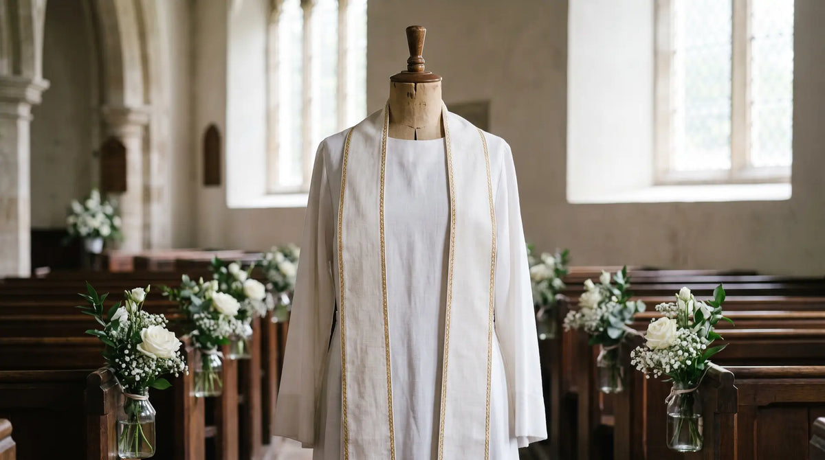 A white stole with gold edging over an alb in a church prepared for a wedding
