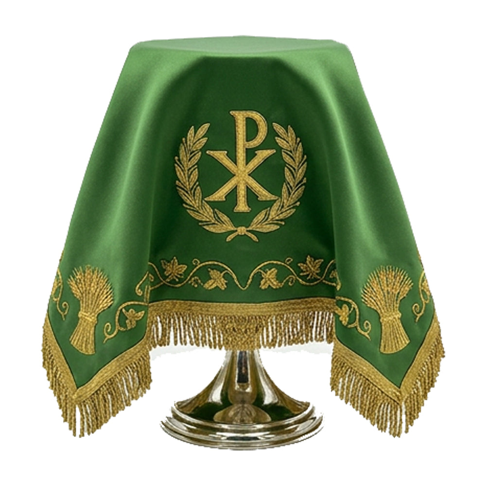 The green chalice veil draped over a chalice, with the Chi Rho to the front and wheat sheaves along the lower border.