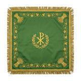 Green chalice veil laid flat, showing the gold Chi Rho in a wreath at the centre, wheat sheaves at the corners and gold bullion fringe.