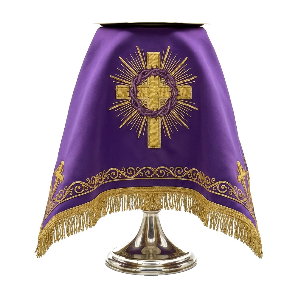 The purple chalice veil draped over a chalice, with the cross and crown of thorns to the front.