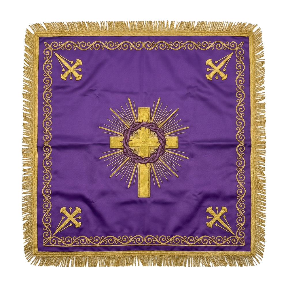 Purple chalice veil laid flat, showing the gold cross ringed by the crown of thorns in rays, with a crossed emblem at each corner.