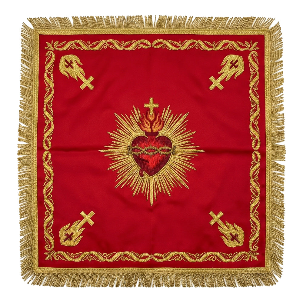 Red Sacred Heart chalice veil laid flat, showing the crimson and gold heart crowned with thorns and set in rays, with gold emblems at the corners.