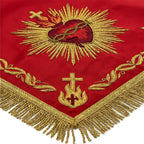 Close-up of the Sacred Heart embroidery, showing the crown of thorns, flames and raised gold rays on red satin.