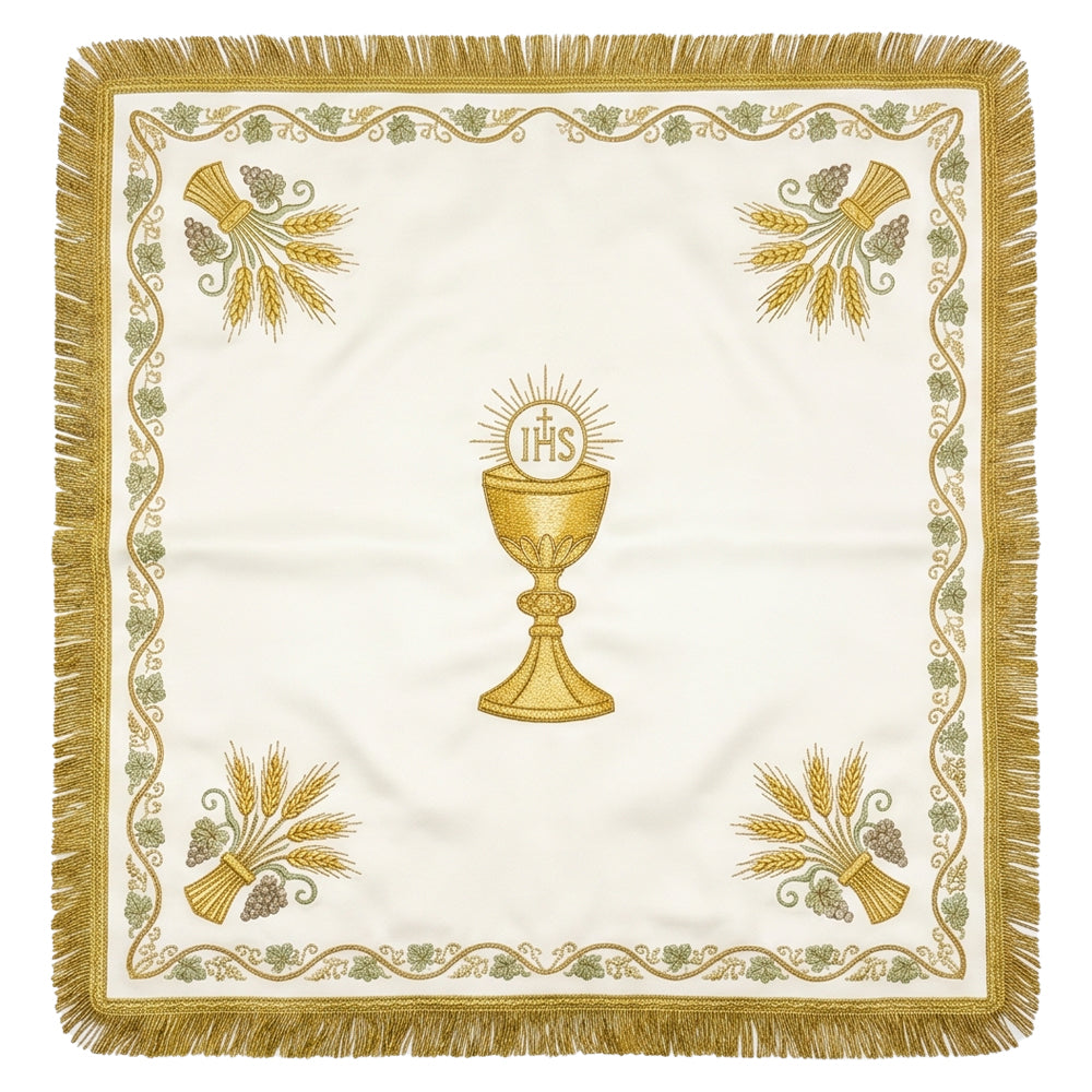 Ivory-white chalice veil laid flat, showing the gold chalice beneath the IHS host, wheat sheaves at the corners and a gold border.