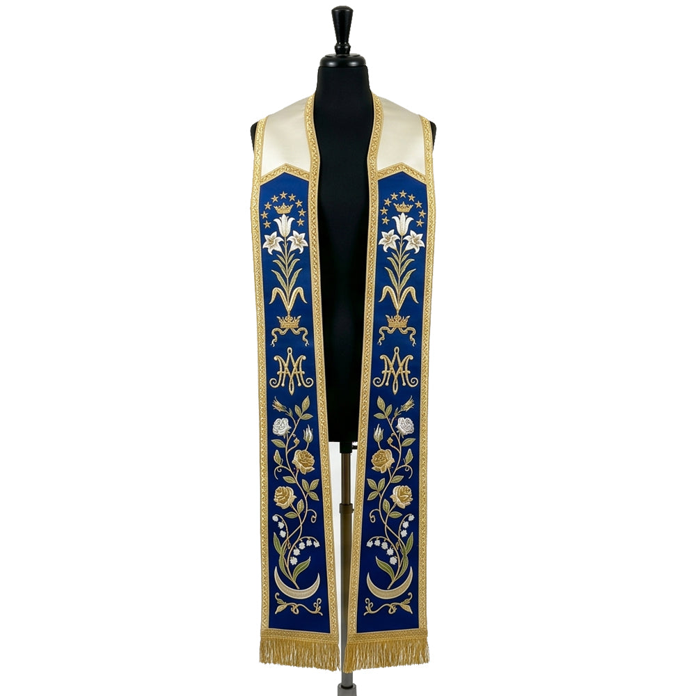 Royal blue Marian Stole with stars, a crown, an Ave Maria monogram and a crescent moon down each panel.
