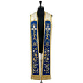 Royal blue Marian Stole with stars, a crown, an Ave Maria monogram and a crescent moon down each panel.