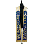Royal blue Marian Stole with stars, a crown, an Ave Maria monogram and a crescent moon down each panel.