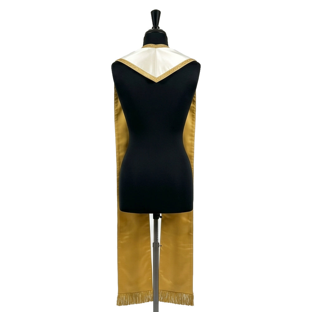 Back view of the Marian Stole on a mannequin, showing the ivory yoke, gold satin reverse and gold fringe.
