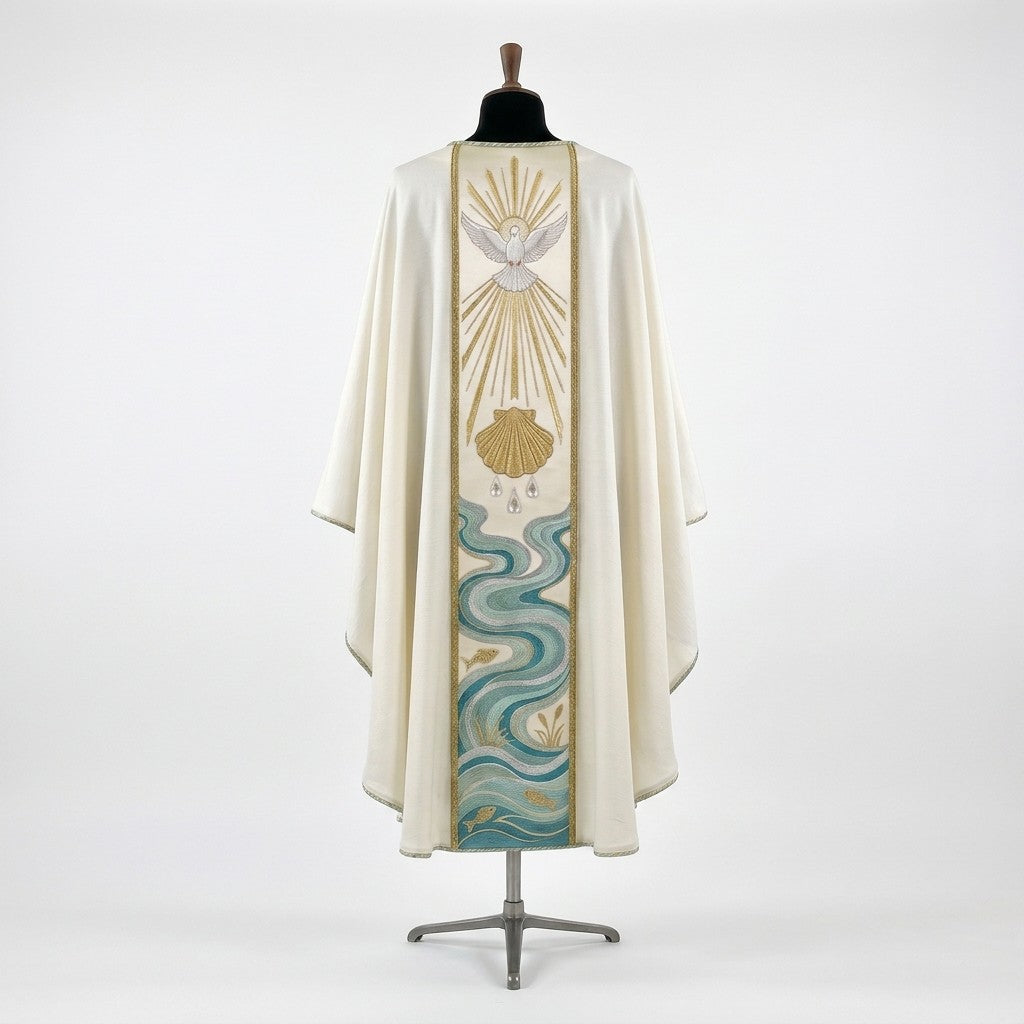Back of the ivory baptism chasuble showing the same dove, scallop shell and flowing river orphrey with fish and reeds at the hem