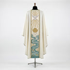 Back of the ivory baptism chasuble showing the same dove, scallop shell and flowing river orphrey with fish and reeds at the hem