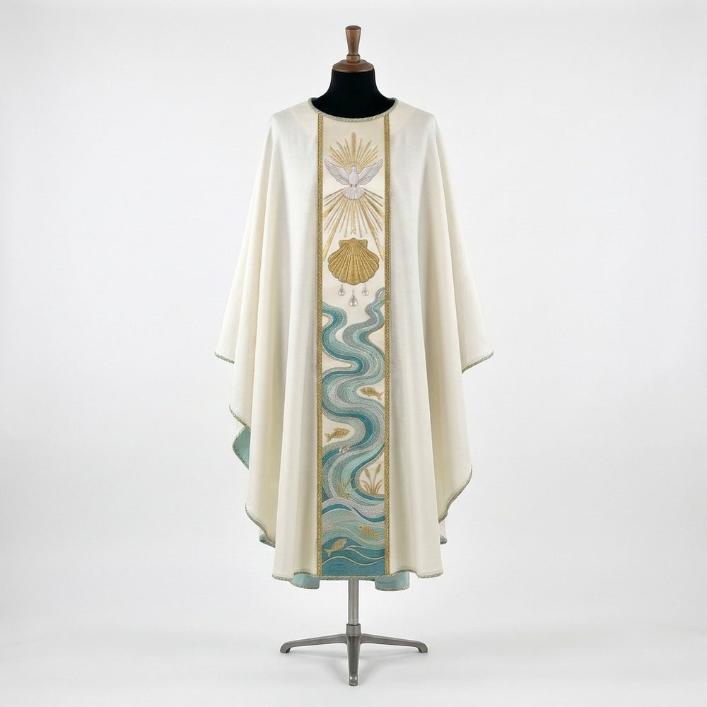 Front of an ivory baptism chasuble with a full-length orphrey embroidered with the Holy Spirit dove in gold rays, a gold scallop shell and the Jordan river in aqua and silver