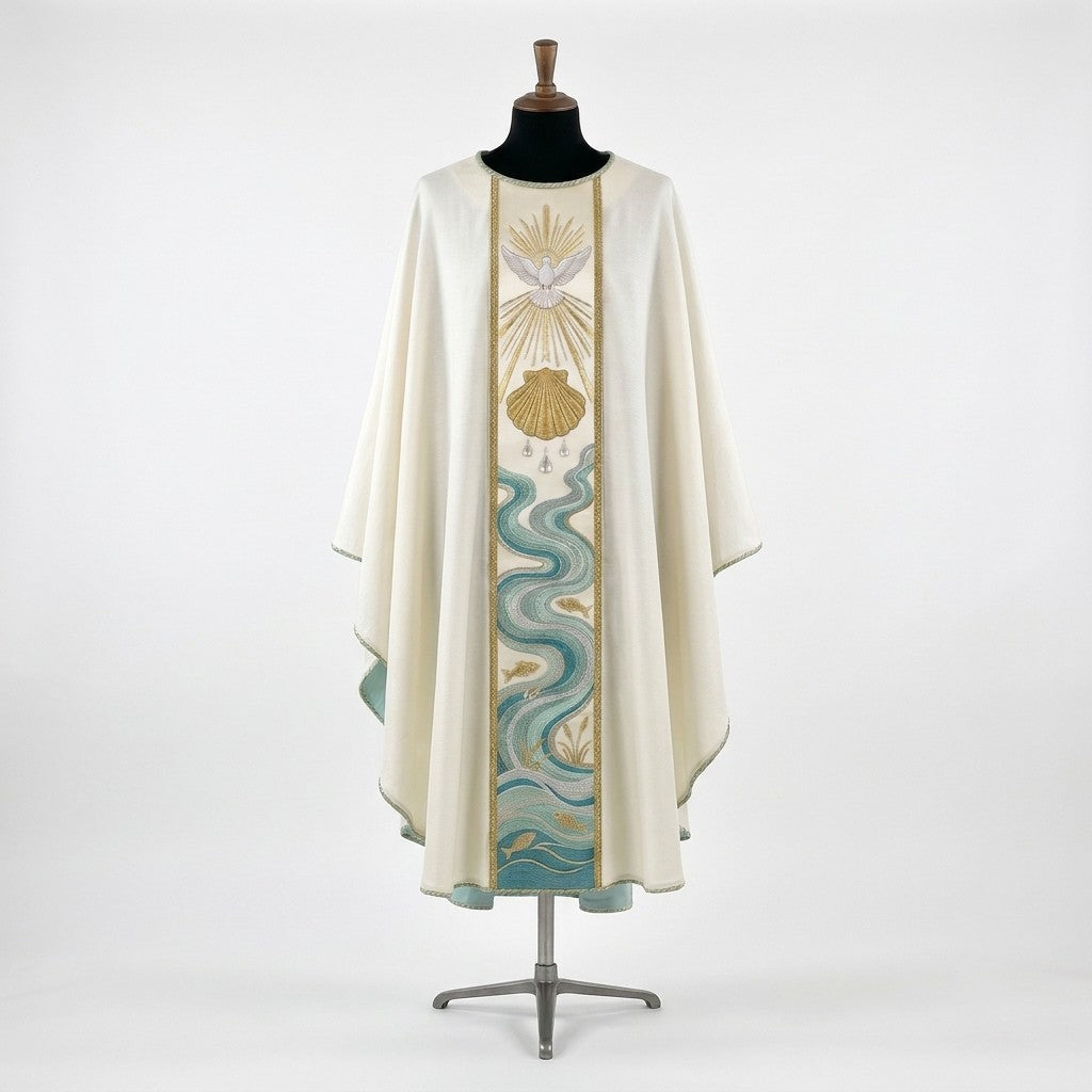 Front of an ivory baptism chasuble with a full-length orphrey embroidered with the Holy Spirit dove in gold rays, a gold scallop shell and the Jordan river in aqua and silver