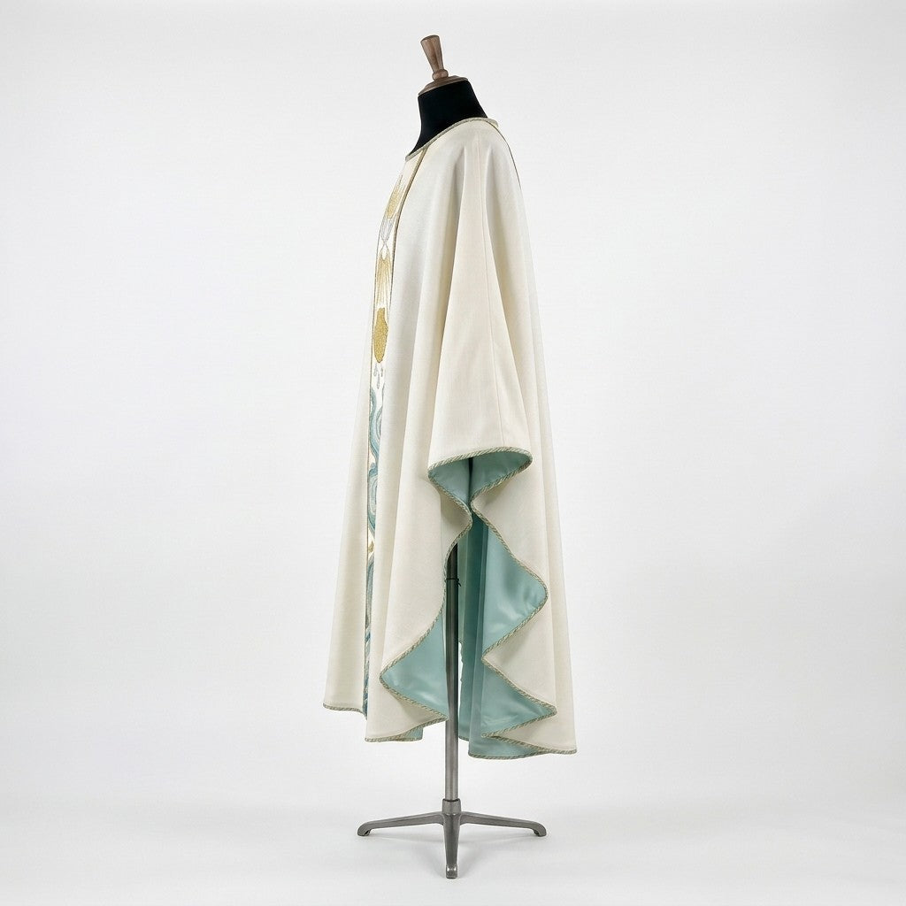 Side view of the ivory baptism chasuble showing the gothic drape and the aqua satin lining at the sleeve