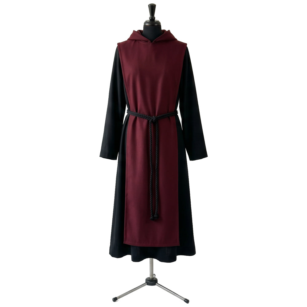 Front view of a black monk habit with a burgundy scapular, hood and black rope cincture.