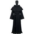 Front view of a black monk habit on a display form, showing the pointed capelet and rope cincture at the waist.