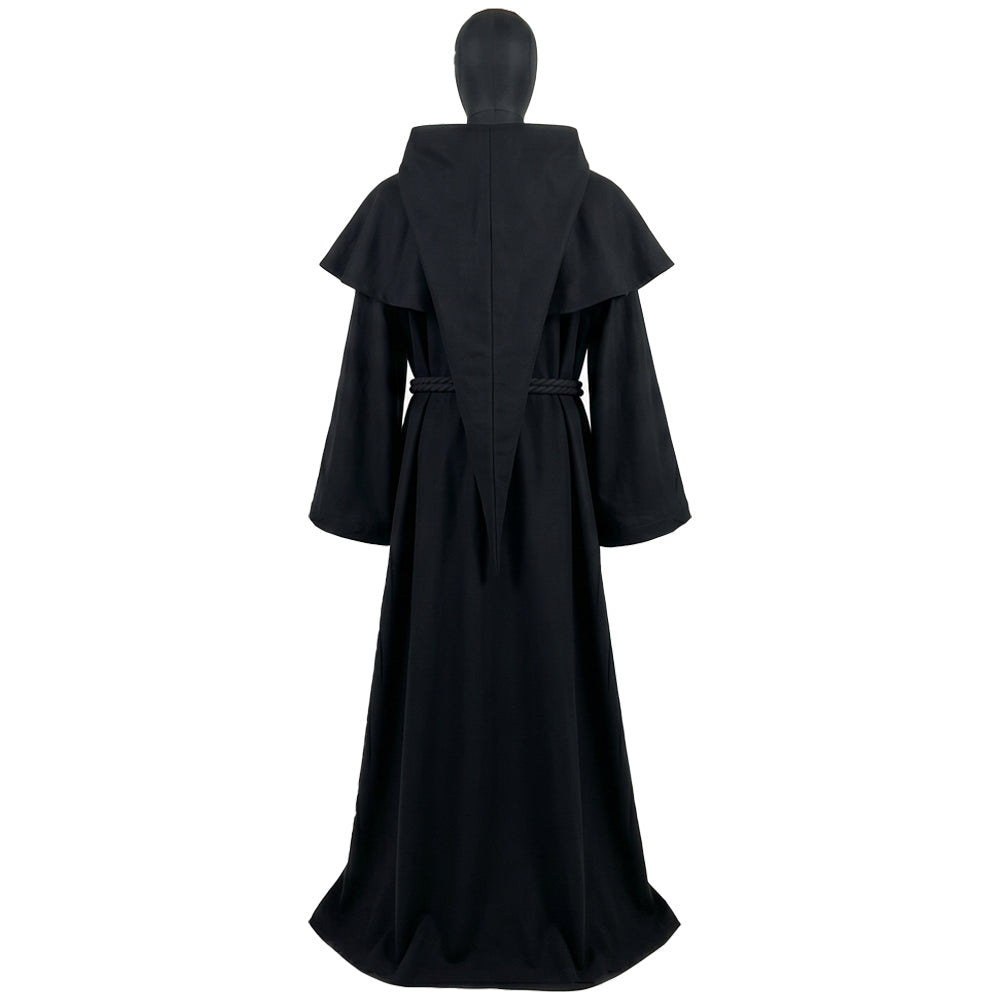 Back view of a black hooded monk habit with the capelet's long pointed panel reaching down to the cincture.