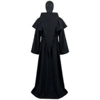 Back view of a black hooded monk habit with the capelet's long pointed panel reaching down to the cincture.