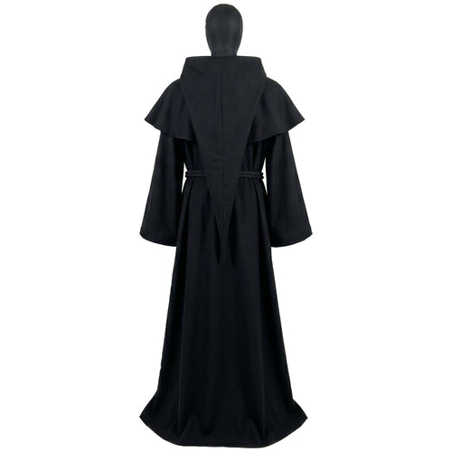 Back view of a black hooded monk habit with the capelet's long pointed panel reaching down to the cincture.