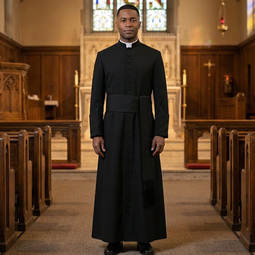 A minister wearing the black cassock robe with its sash belt, standing in the centre aisle of a stone church.