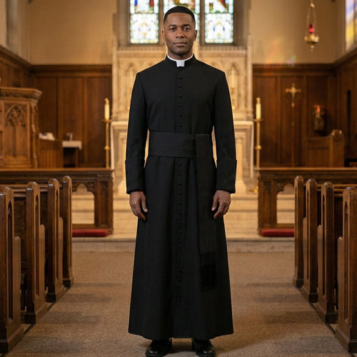 A minister wearing the black cassock robe with its sash belt, standing in the centre aisle of a stone church.