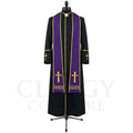 Front view of a black clergy cassock robe worn with the optional purple Lent and Advent stole, embroidered with gold crosses.