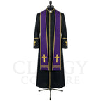 Front view of a black clergy cassock robe worn with the optional purple Lent and Advent stole, embroidered with gold crosses.