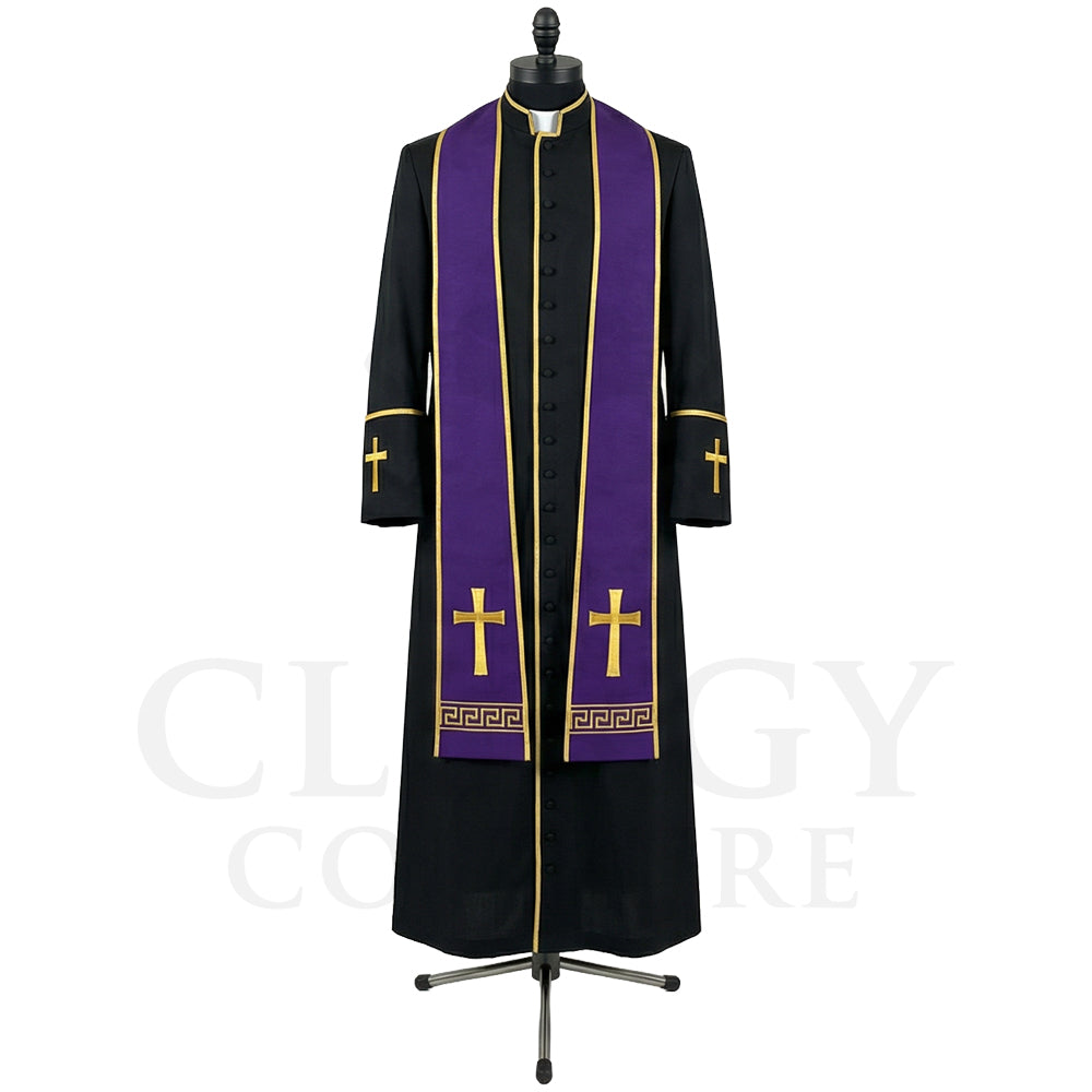 Front view of a black clergy cassock robe worn with the optional purple Lent and Advent stole, embroidered with gold crosses.