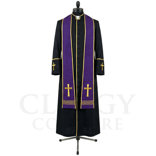 Front view of a black clergy cassock robe worn with the optional purple Lent and Advent stole, embroidered with gold crosses.