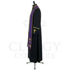 Side view of the black cassock robe showing the purple stole hanging past the hip and the gold cord at the cuff.